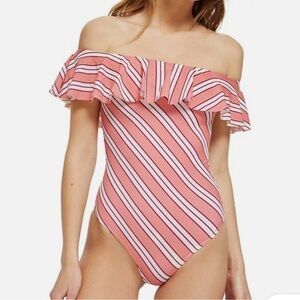 Topshop Striped Ruffle Off the Shoulder One-Piece Swimsuit